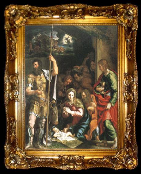 framed  Giulio Romano The Nativity and Adoration of the Shepherds in the Distance the Annunciation to the Shepherds (mk05), ta009-2